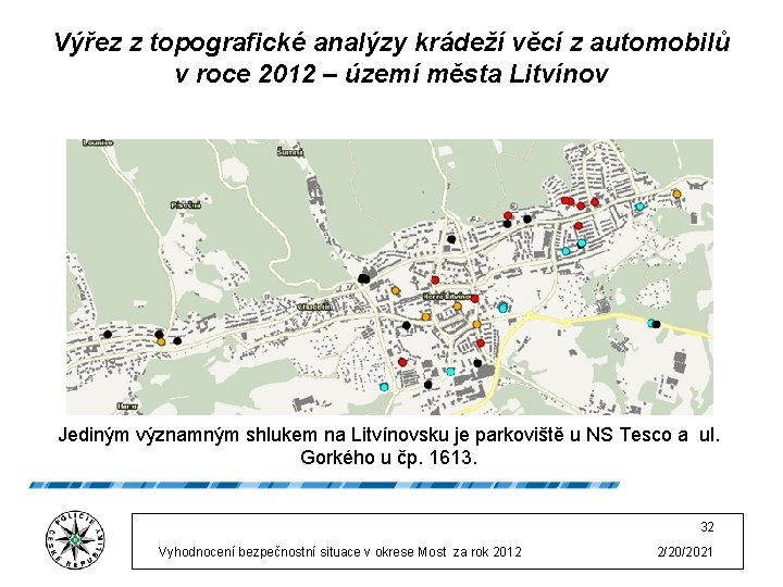 Výřez z topografické analýzy krádeží věcí z automobilů v roce 2012 – území města