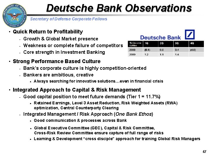 Deutsche Bank Observations Secretary of Defense Corporate Fellows • Quick Return to Profitability –