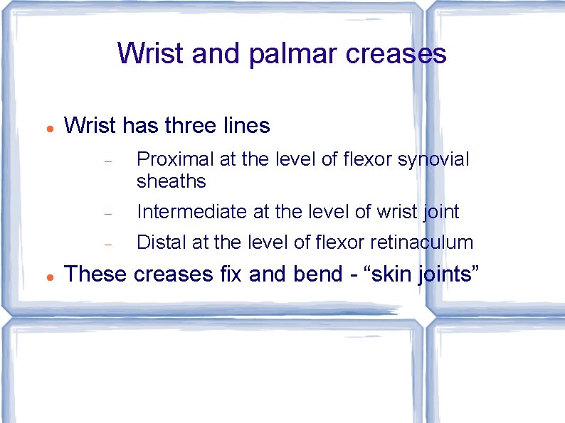 Wrist and palmar creases Wrist has three lines Proximal at the level of flexor