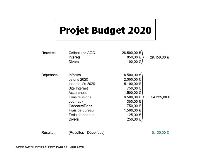 Projet Budget 2020 ASSOCIATION GENERALE DES CADRES – AGO 2020 20/02/2021 