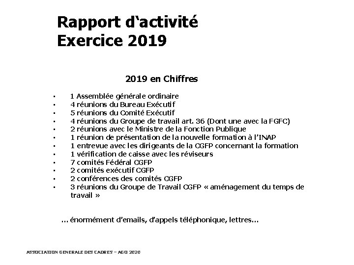 Rapport d‘activité Exercice 2019 en Chiffres • • • 1 Assemblée générale ordinaire 4