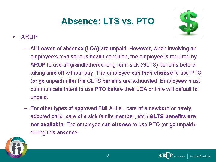 Absence: LTS vs. PTO • ARUP – All Leaves of absence (LOA) are unpaid.