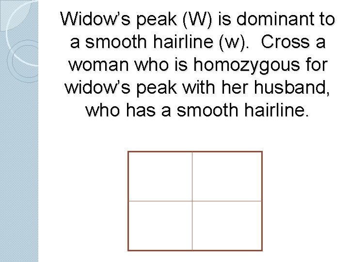 Widow’s peak (W) is dominant to a smooth hairline (w). Cross a woman who