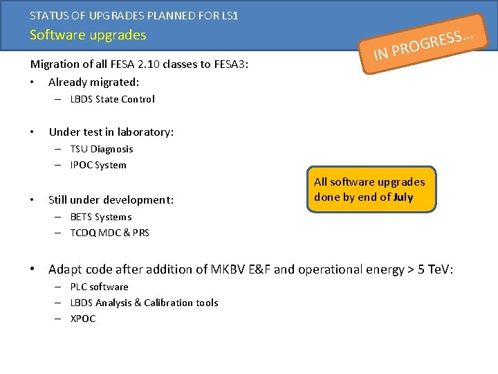 STATUS OF UPGRADES PLANNED FOR LS 1 Software upgrades Migration of all FESA 2.