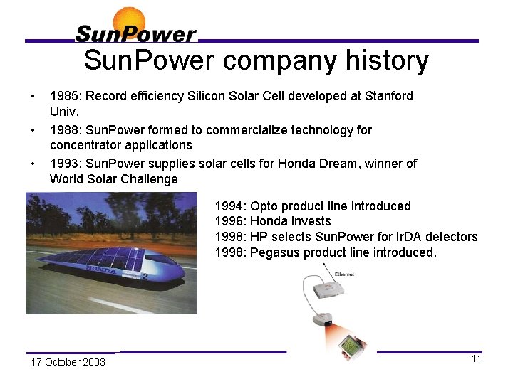 Sun. Power company history • • • 1985: Record efficiency Silicon Solar Cell developed