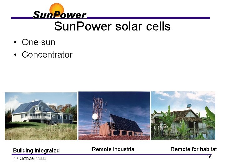 Sun. Power solar cells • One-sun • Concentrator Building integrated 17 October 2003 Remote