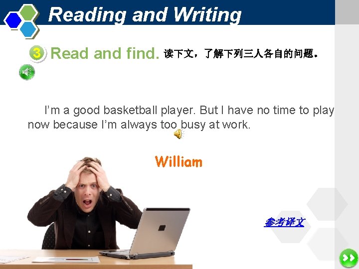 Reading and Writing 3 Read and find. 读下文，了解下列三人各自的问题。 I’m a good basketball player. But