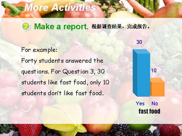 More Activities 2 Make a report. 根据调查结果，完成报告。 30 For example: Forty students answered the