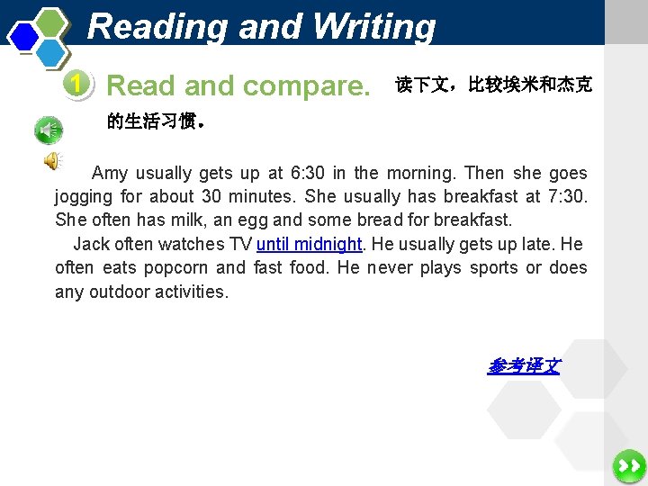 Reading and Writing 1 Read and compare. 读下文，比较埃米和杰克 的生活习惯。 Amy usually gets up at