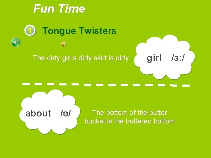 Fun Time 1 Tongue Twisters The dirty girl’s dirty skirt is dirty. about /ə/