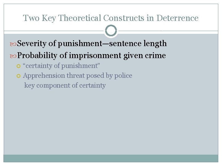 Two Key Theoretical Constructs in Deterrence Severity of punishment—sentence length Probability of imprisonment given