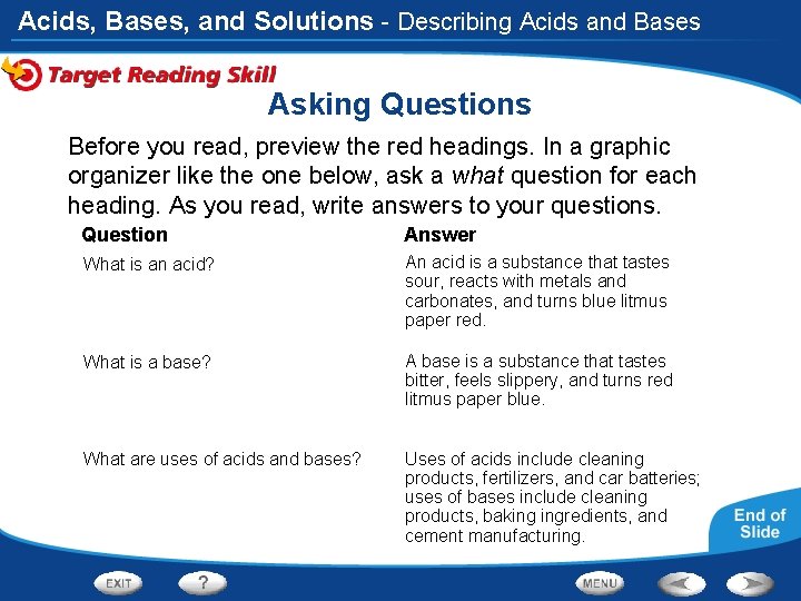 Acids, Bases, and Solutions - Describing Acids and Bases Asking Questions Before you read,