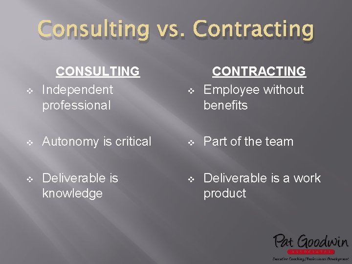 Consulting vs. Contracting v CONSULTING Independent professional v CONTRACTING Employee without benefits v Autonomy