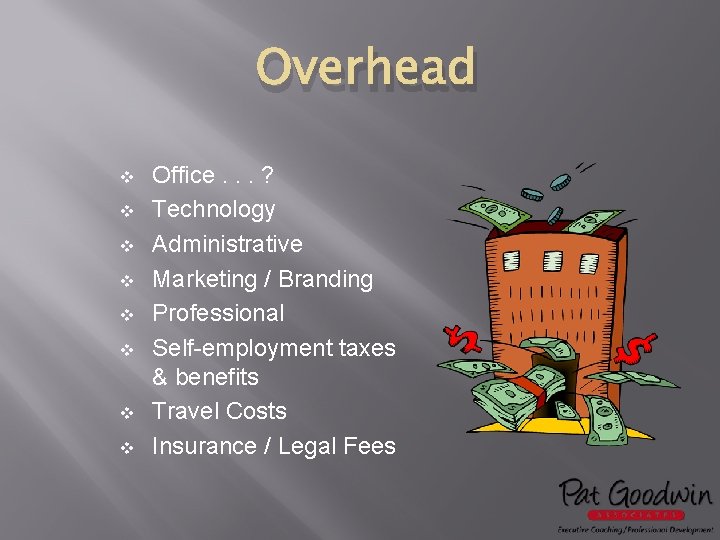 Overhead v v v v Office. . . ? Technology Administrative Marketing / Branding