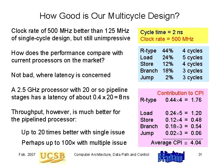 How Good is Our Multicycle Design? Clock rate of 500 MHz better than 125