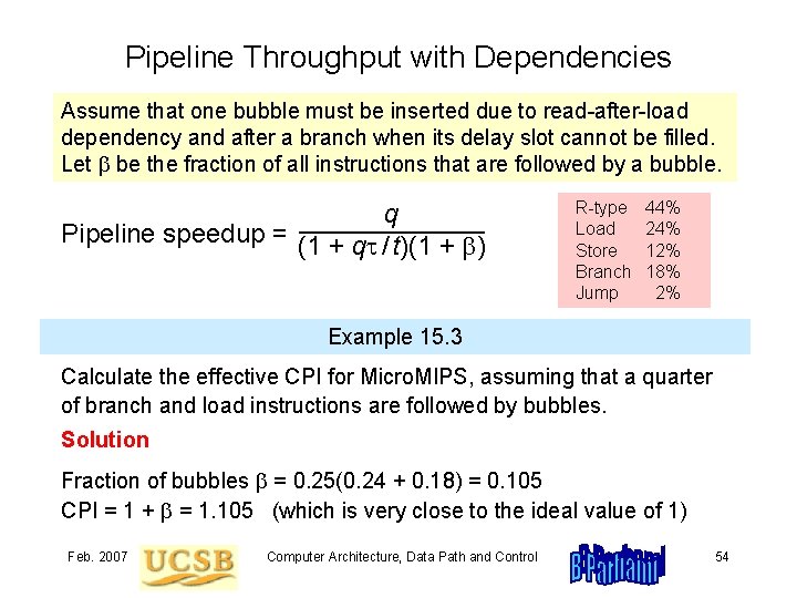 Pipeline Throughput with Dependencies Assume that one bubble must be inserted due to read-after-load