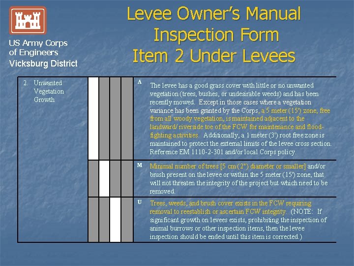 Levee Owner’s Manual Inspection Form Item 2 Under Levees US Army Corps of Engineers