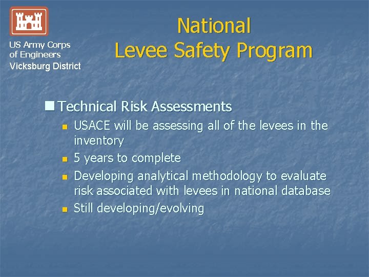 US Army Corps of Engineers Vicksburg District National Levee Safety Program n Technical Risk