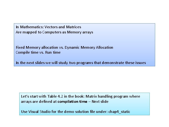 In Mathematics: Vectors and Matrices Are mapped to Computers as Memory arrays Fixed Memory In Mathematics: Vectors and Matrices Are mapped to Computers as Memory arrays Fixed Memory