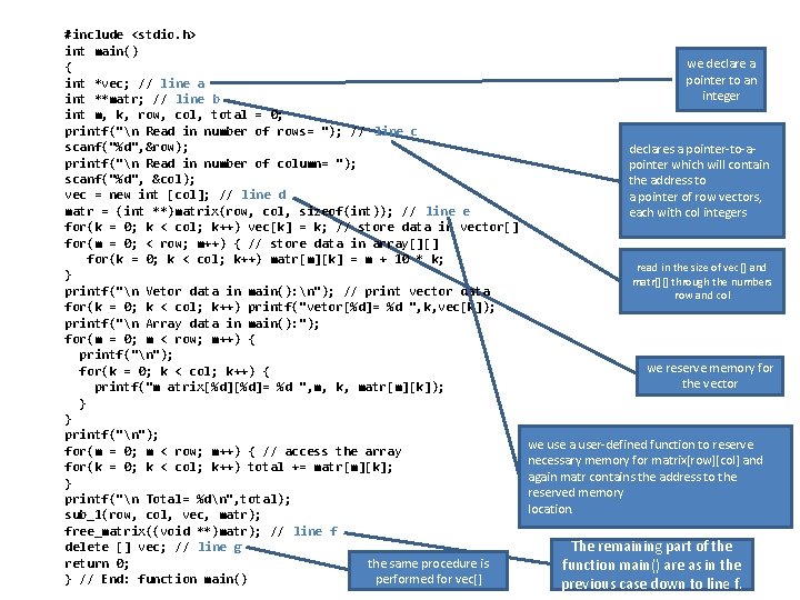 #include <stdio. h> int main() { int *vec; // line a int **matr; // #include <stdio. h> int main() { int *vec; // line a int **matr; //