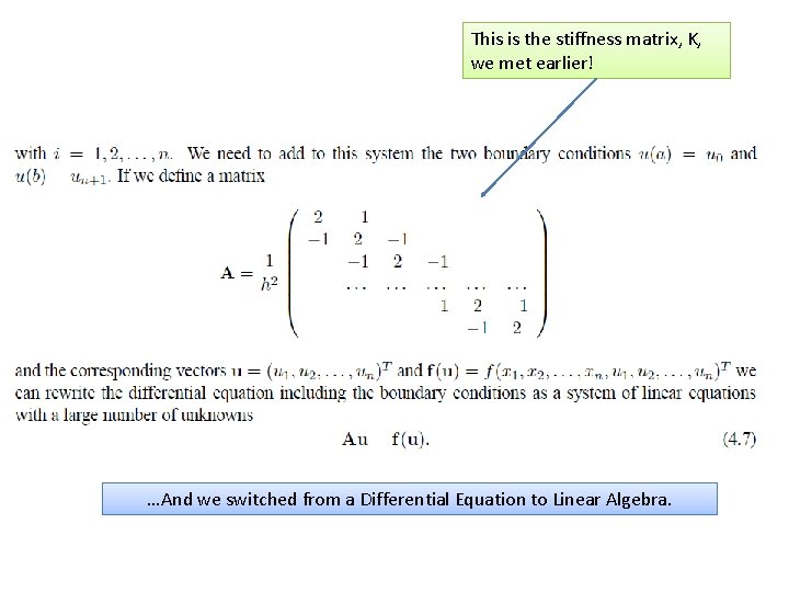 This is the stiffness matrix, K, we met earlier! …And we switched from a This is the stiffness matrix, K, we met earlier! …And we switched from a