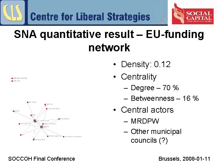 SNA quantitative result – EU-funding network • Density: 0. 12 • Centrality – Degree