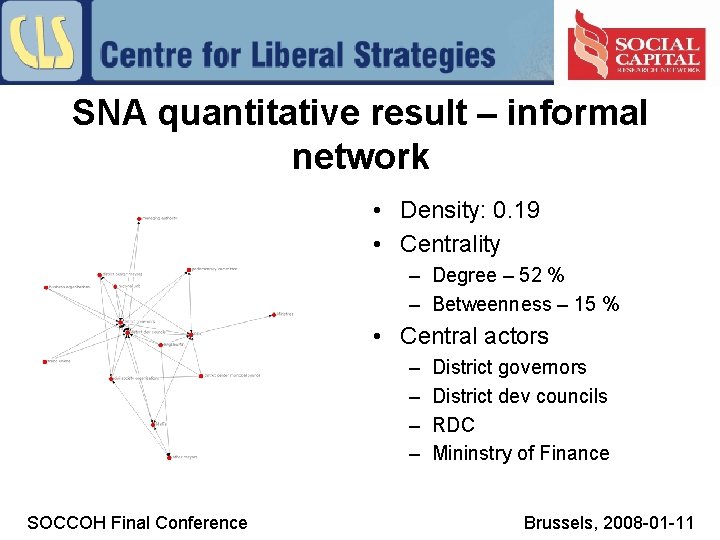 SNA quantitative result – informal network • Density: 0. 19 • Centrality – Degree