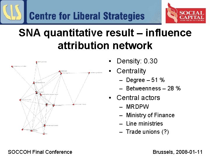 SNA quantitative result – influence attribution network • Density: 0. 30 • Centrality –