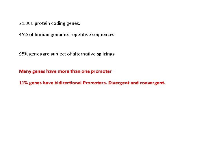 21. 000 protein coding genes. 45% of human genome: repetitive sequences. 95% genes are