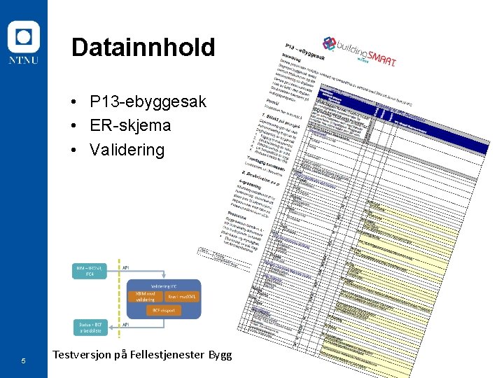 Datainnhold • P 13 -ebyggesak • ER-skjema • Validering 5 Testversjon på Fellestjenester Bygg