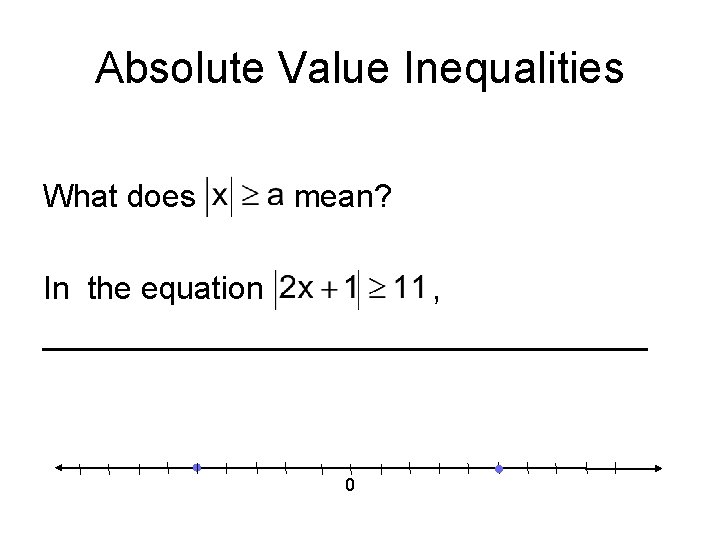 Absolute Value Inequalities What does mean? In the equation , _________________ 0 Absolute Value Inequalities What does mean? In the equation , _________________ 0