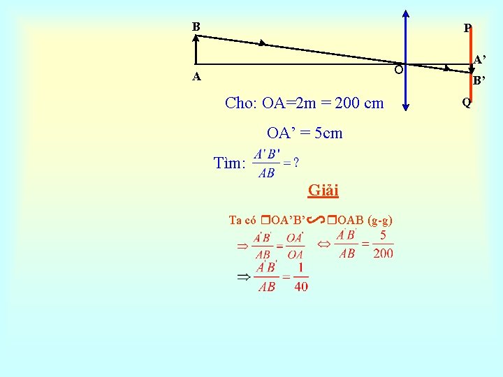 B P A’ O A Cho: OA=2 m = 200 cm OA’ = 5