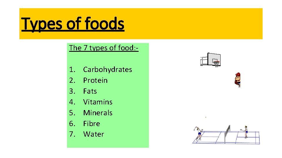 Types of foods The 7 types of food: - 1. 2. 3. 4. 5.