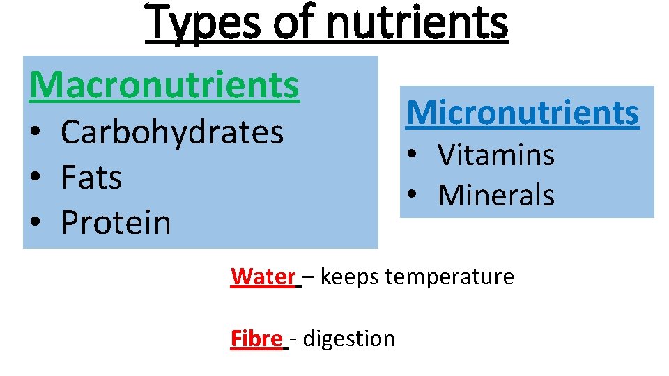 Types of nutrients Macronutrients • Carbohydrates • Fats • Protein Micronutrients • Vitamins •