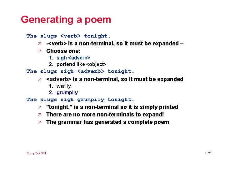 Generating a poem The slugs <verb> tonight. ä -<verb> is a non-terminal, so it