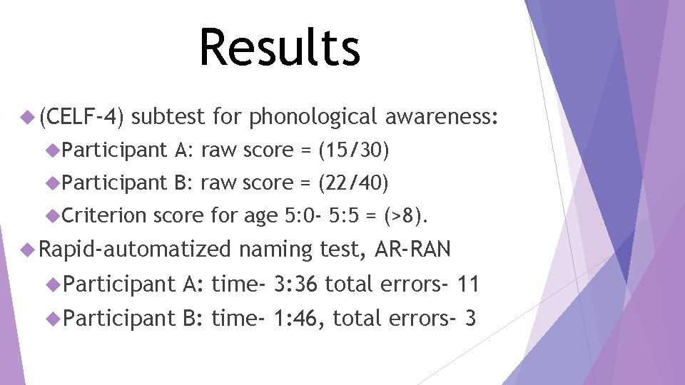 Results (CELF-4) subtest for phonological awareness: Participant A: raw score = (15/30) Participant B: