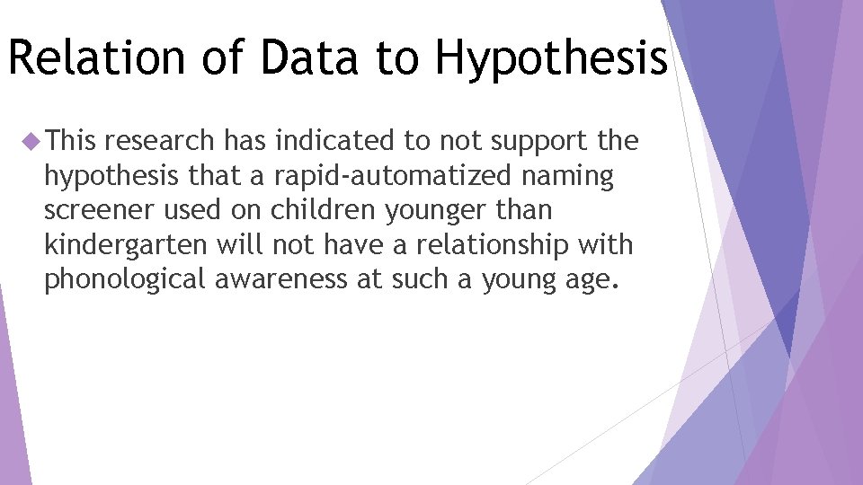 Relation of Data to Hypothesis This research has indicated to not support the hypothesis