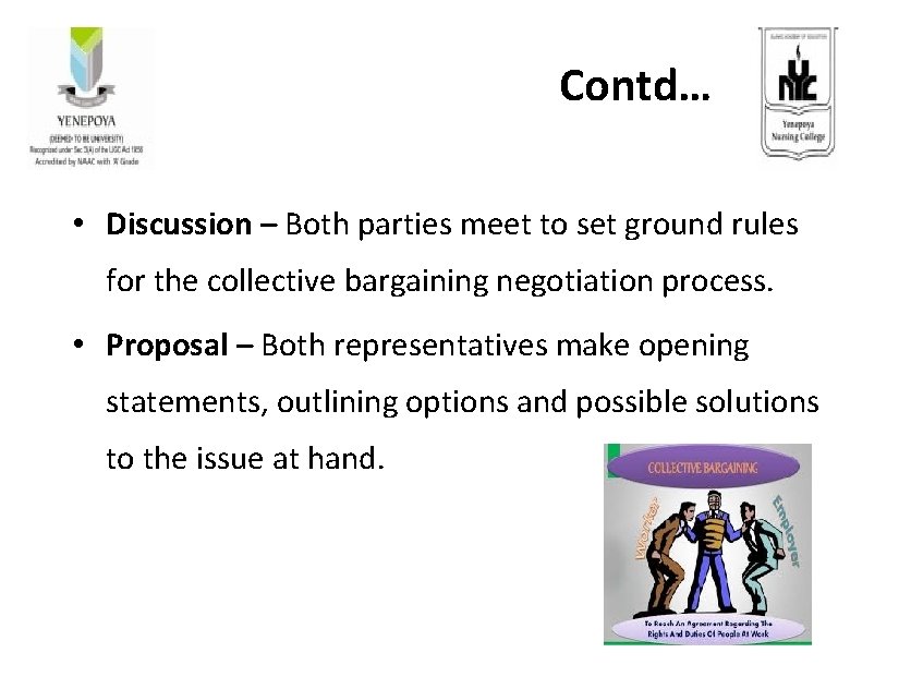 Contd… • Discussion – Both parties meet to set ground rules for the collective