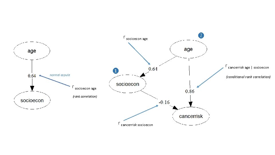 r socioecon age ❶ normal copula ❷ r cancerrisk age | socioecon (conditional rank