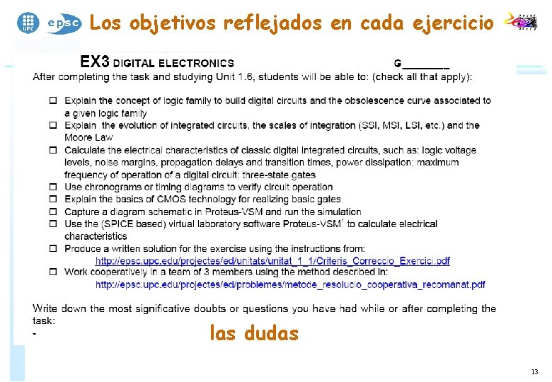 Los objetivos reflejados en cada ejercicio las dudas 13 