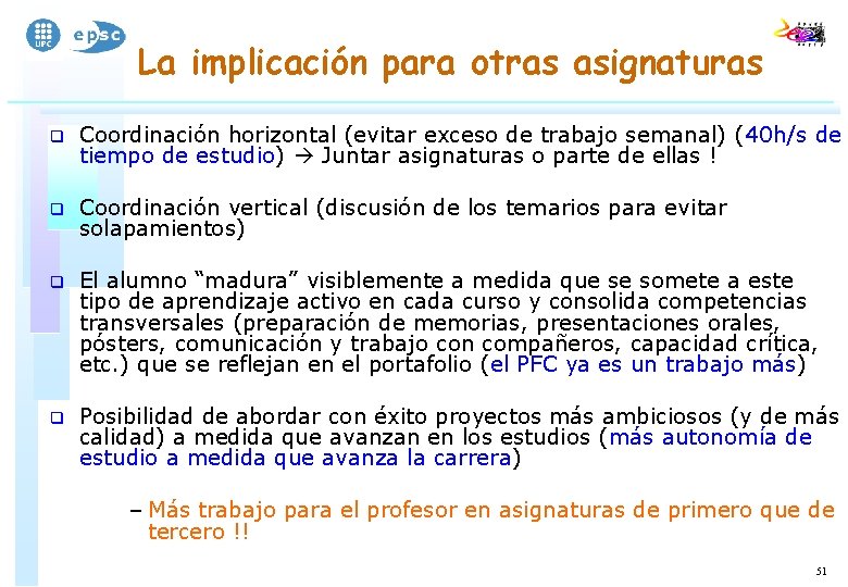 La implicación para otras asignaturas q Coordinación horizontal (evitar exceso de trabajo semanal) (40