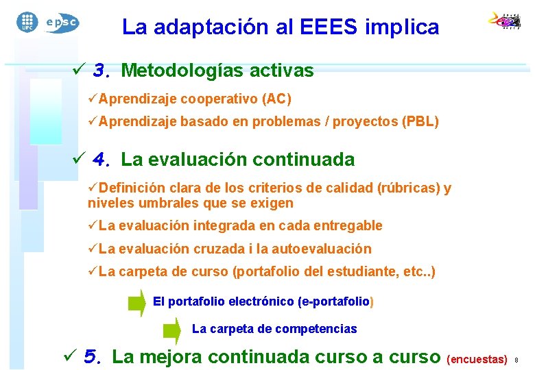 La adaptación al EEES implica ü 3. Metodologías activas üAprendizaje cooperativo (AC) üAprendizaje basado