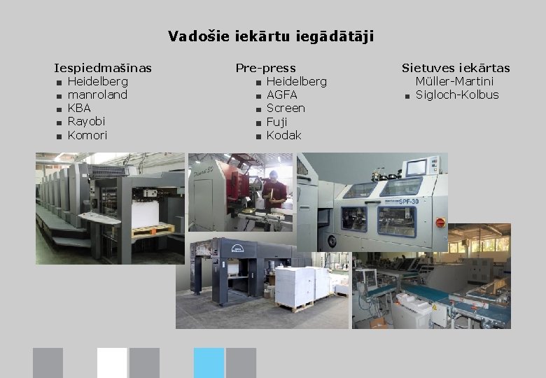 Vadošie iekārtu iegādātāji Iespiedmašīnas Heidelberg manroland KBA Rayobi Komori Pre-press Heidelberg AGFA Screen Fuji