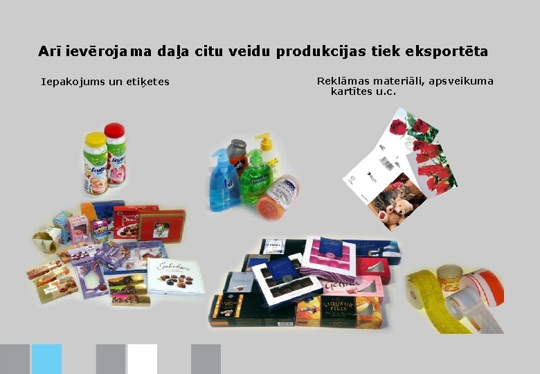 Arī ievērojama daļa citu veidu produkcijas tiek eksportēta Iepakojums un etiķetes Reklāmas materiāli, apsveikuma