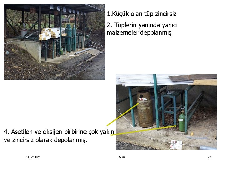 1. Küçük olan tüp zincirsiz 2. Tüplerin yanında yanıcı malzemeler depolanmış 4. Asetilen ve