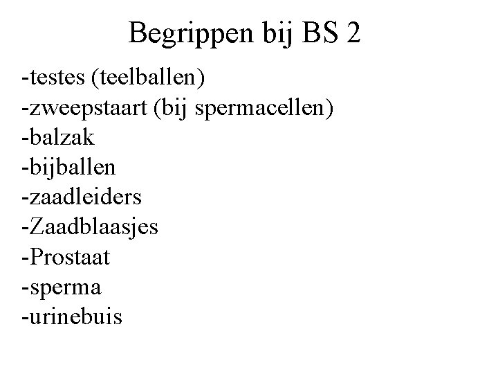 Begrippen bij BS 2 -testes (teelballen) -zweepstaart (bij spermacellen) -balzak -bijballen -zaadleiders -Zaadblaasjes -Prostaat