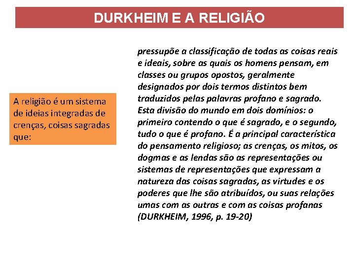 DURKHEIM E A RELIGIÃO A religião é um sistema de ideias integradas de crenças,