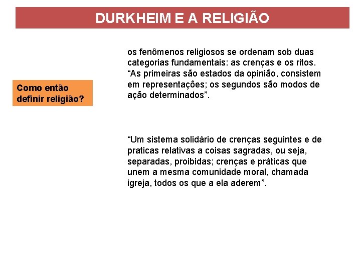 DURKHEIM E A RELIGIÃO Como então definir religião? os fenômenos religiosos se ordenam sob