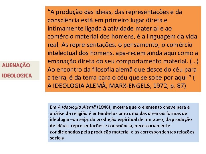 ALIENAÇÃO IDEOLOGICA “A produção das ideias, das representações e da consciência está em primeiro