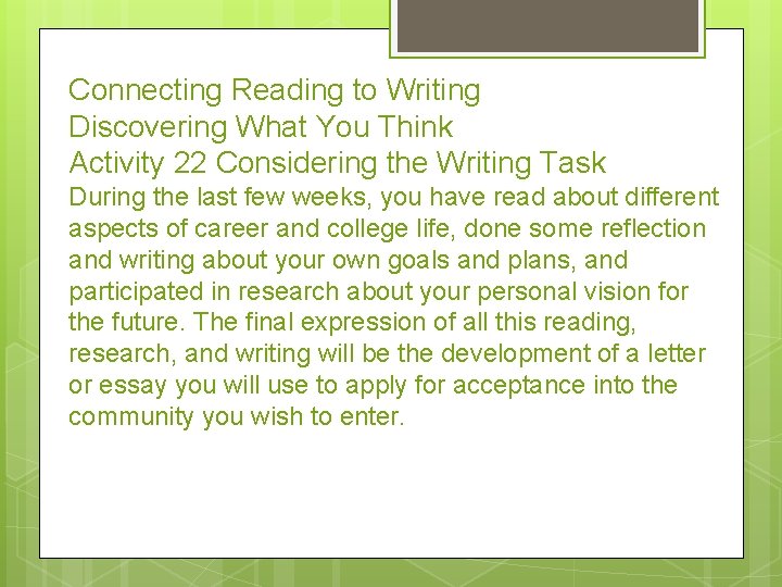 Connecting Reading to Writing Discovering What You Think Activity 22 Considering the Writing Task